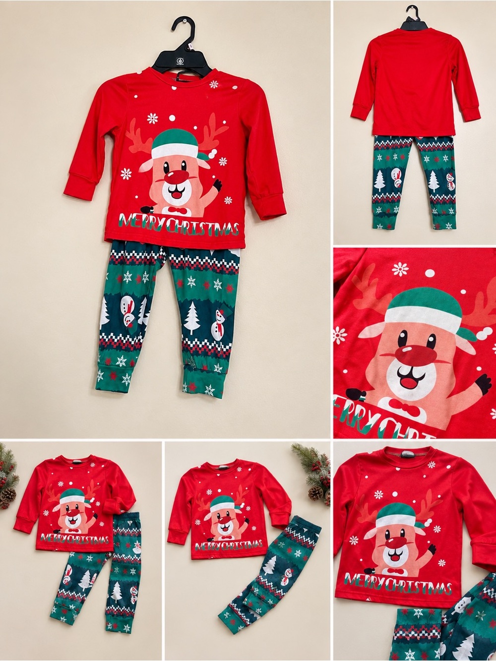 Kids Red & Green Christmas Reindeer Pajama Set